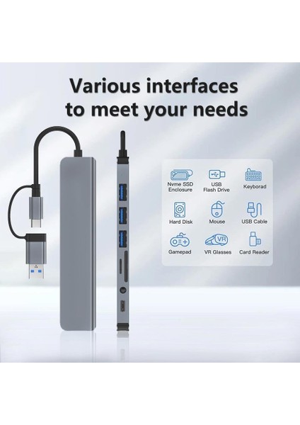 MT96 Otg Kablolu Çoklayıcı Type-C USB Girişli 8in1 Adaptör Hub Çoğaltıcı Kart Okuyucu Aux fiyatları
