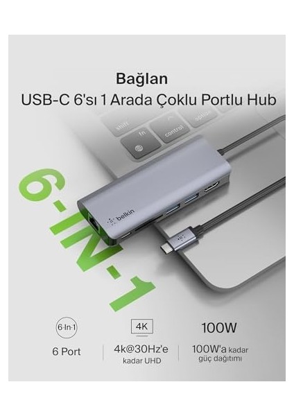 Usb-C Hub, 6'sı 1 Arada Çoklu Bağlantı Noktalı Adaptör Yuvası, 4K Hdmı, Usb-C ve 100 W, Şarj Için (Passthrough), 2xusb A, Macbook Pro, Air, iPad Pro ve Xps Gibi Cihazlar Için