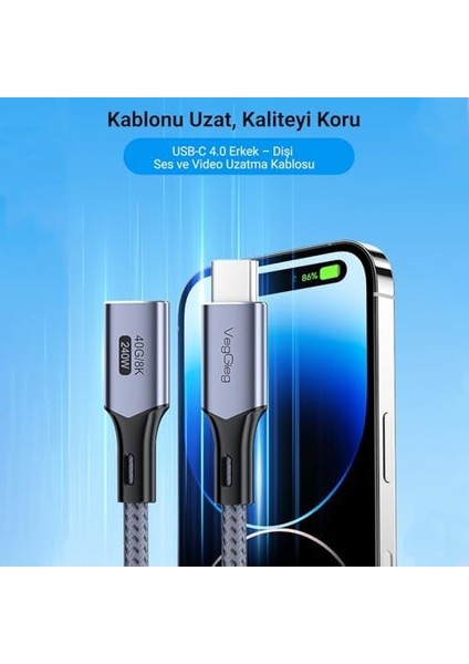 USB 4.0 E-Mark 240W 40GBPS Thunderbolt 4 8k 60Hz Type-C Uzatma Kablosu 50 cm