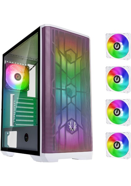 Nova Mesh Se Tg Pc Kasası, Oyun Bilgisayarı Kulesi, 4 Yüklü Argb Fan, Argb Denetleyici, Ön File, Sertleştirilmiş Cam, Beyaz/lila