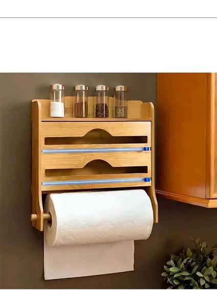 Raflı Bambu Streç ve Folyo Kesici - Kağıt Havluluk ile Şık ve Çok Amaçlı Düzenleyici