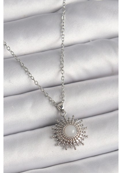 316L Çelik Gümüş Renk Zincir Beyaz Mineli Güneş Model Kadın Kolye