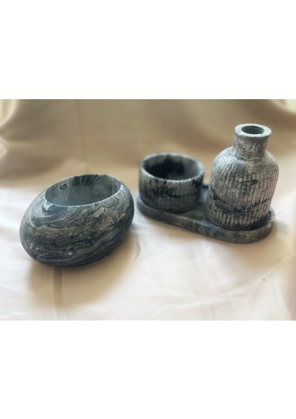 4 Parça Mermer Desen Dekoratif Vazo ve 2 Li Mumluk Set (Mum Dahil)