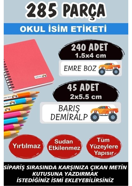 Okul Etiketi Monster Araba Kalem Defter - Kişiye Özel Isim Yazılabilen 285 Adet