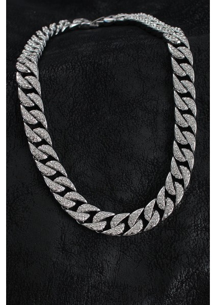 Pirinç Zirkon Taşlı Cuba Gurmet Model Gümüş Renk Erkek Kolye - TJ-ERK1404