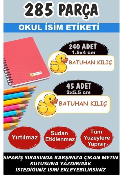 Okul Etiketi Kalem Defter Etiketi Sevimli Ördek Temalı Özel Isimli Etiket - 285 Adet
