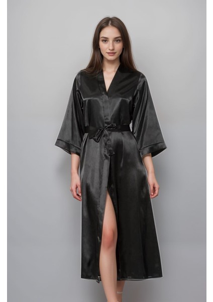Siyah Uzun Saten Dirseklerin Altında Biten Kollar Sabahlık Kimono