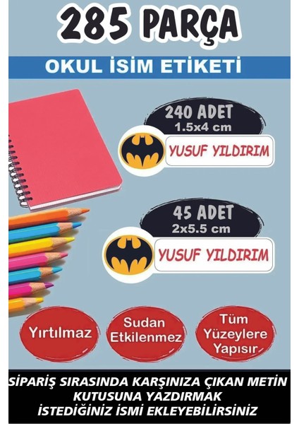 Okul Etiketi Kalem Defter Etiketi Yarasa Özel Isim Yazılabilen Etiket 285 Parça