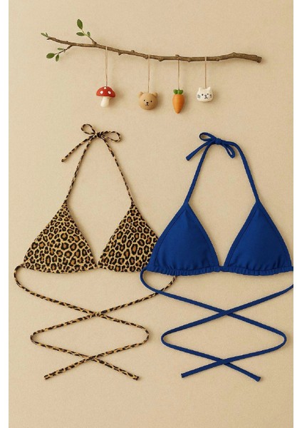 - Kadın Leopar Desenli ve Mavi Minimal Kesim Üçgen Bikini Üstü modelleri