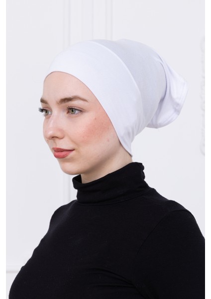 Pratik Geçmeli Beyaz Boru Bone Kaymaz Önü Dikişsiz Kadın Tesettür Hazır Iç Bone