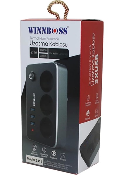 Termal Akım Korumalı 2.1A 3lü Priz 3xusb 2mt Anahtarlı Uzatma Kablo Siyah