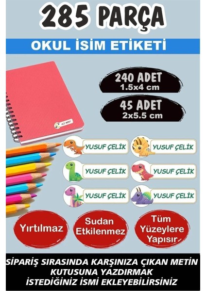Okul Etiketi Kalem Defter Etiketi Dinazor Özel Isim Yazılabilen Etiket - 285 Parça