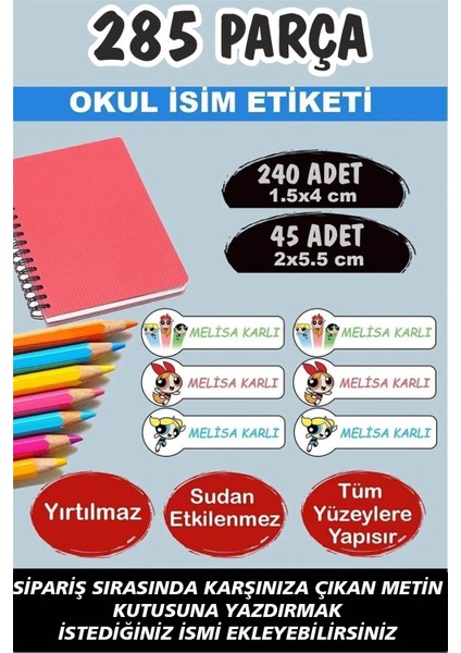 Okul Etiketi Kalem Defter Etiketi Powerpuff Girls Temalı Özel Isimli Etiket - 285 Adet