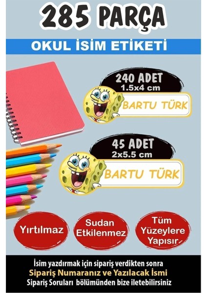 Okul Etiketi Kalem Defter Etiketi Sünger Bob Temalı Özel Isimli Etiket 285 Parça