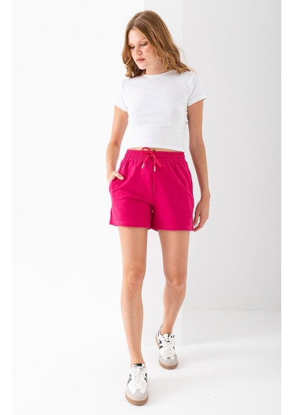 Kadın Beli Ayarlanabilir Çift Cepli Basic Şort Pembe - 10038