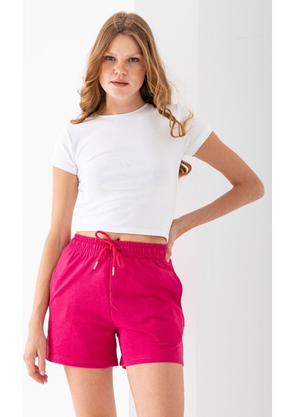 Kadın Beli Ayarlanabilir Çift Cepli Basic Şort Pembe - 10038 fırsatları