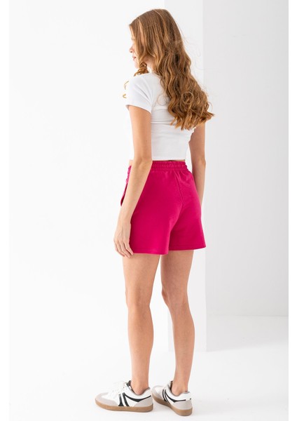 Kadın Beli Ayarlanabilir Çift Cepli Basic Şort Pembe - 10038