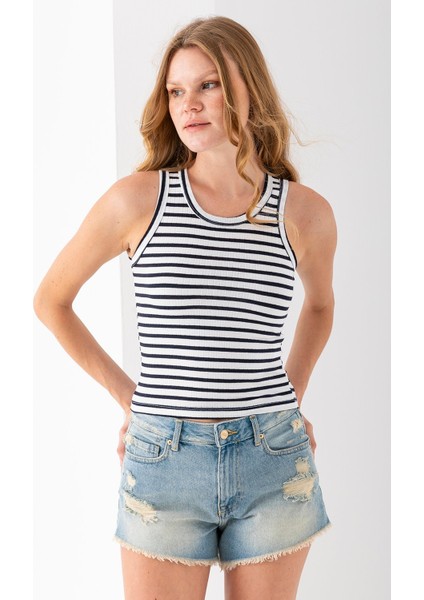Kadın Bisiklet Yaka Çizgili Basic Body Lacivert - 25510