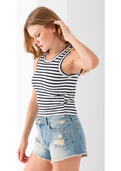 Kadın Bisiklet Yaka Çizgili Basic Body Lacivert - 25510