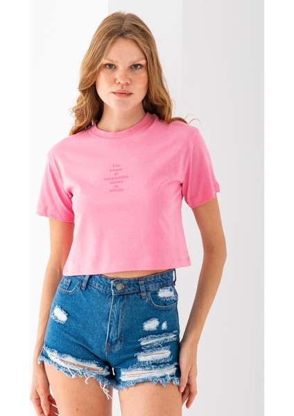 Kadın Bisiklet Yaka The Power Of Baskılı T-Shirt Pembe - 925026