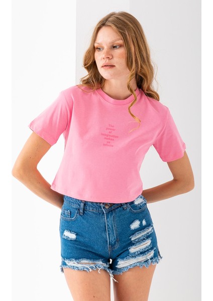 Kadın Bisiklet Yaka The Power Of Baskılı T-Shirt Pembe - 925026 modelleri