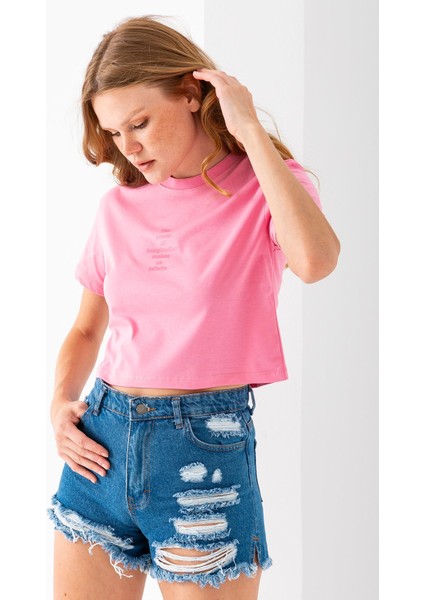 Kadın Bisiklet Yaka The Power Of Baskılı T-Shirt Pembe - 925026 fırsatları