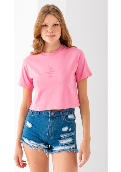 Kadın Bisiklet Yaka The Power Of Baskılı T-Shirt Pembe - 925026