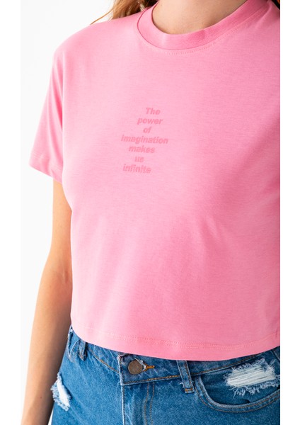 Kadın Bisiklet Yaka The Power Of Baskılı T-Shirt Pembe - 925026