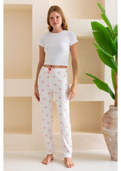 Kadın Beli Lastikli Kalp Desenli Pijama Altı Beyaz Pembe - 2059