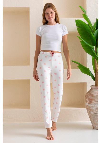 Kadın Beli Lastikli Kalp Desenli Pijama Altı Beyaz Pembe - 2059