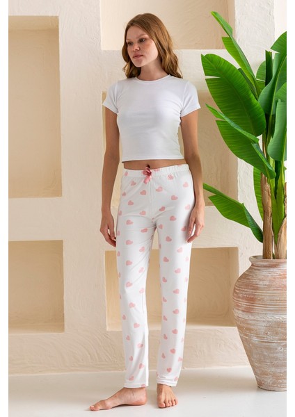 Kadın Beli Lastikli Kalp Desenli Pijama Altı Beyaz Pembe - 2059