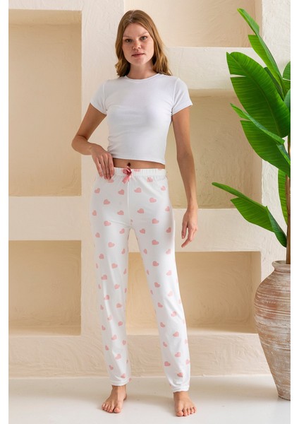 Kadın Beli Lastikli Kalp Desenli Pijama Altı Beyaz Pembe - 2059