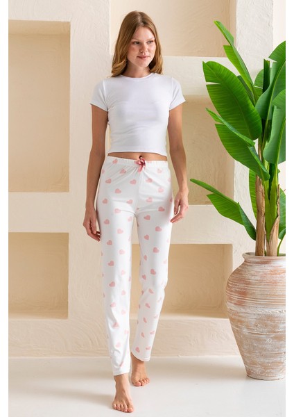 Kadın Beli Lastikli Kalp Desenli Pijama Altı Beyaz Pembe - 2059