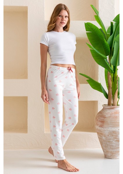 Kadın Beli Lastikli Kalp Desenli Pijama Altı Beyaz Pembe - 2059