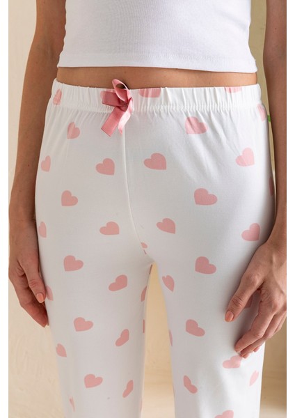 Kadın Beli Lastikli Kalp Desenli Pijama Altı Beyaz Pembe - 2059