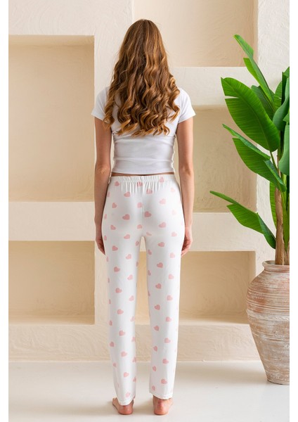 Kadın Beli Lastikli Kalp Desenli Pijama Altı Beyaz Pembe - 2059