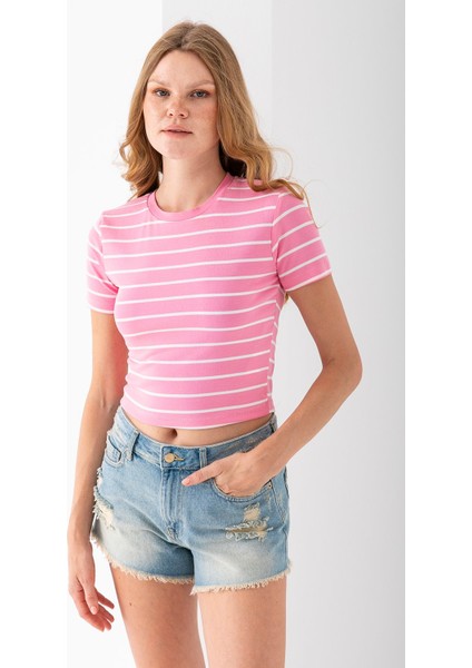 Kadın Bisiklet Yaka Çizgili Pamuklu Crop T-Shirt Pembe Beyaz - 25512 fırsatları