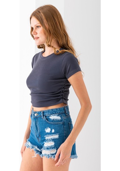 Kadın Bisiklet Yaka Yanı Stoperli Crop T-Shirt Füme - 25514