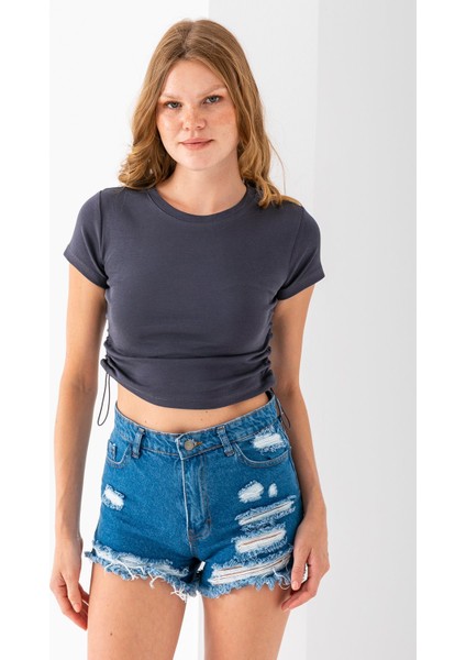 Kadın Bisiklet Yaka Yanı Stoperli Crop T-Shirt Füme - 25514 fiyatları