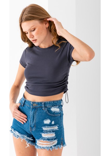 Kadın Bisiklet Yaka Yanı Stoperli Crop T-Shirt Füme - 25514