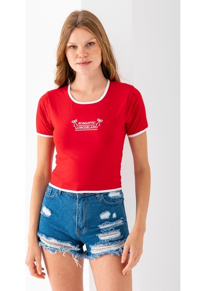 Kadın U Yaka Romantic Nakışlı T-Shirt Kırmızı - 925054