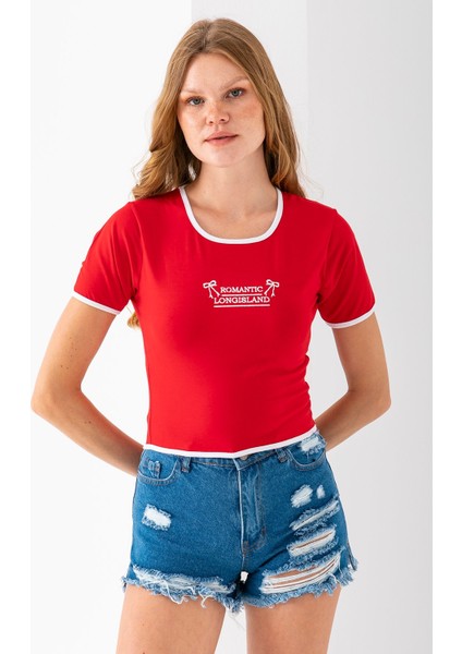 Kadın U Yaka Romantic Nakışlı T-Shirt Kırmızı - 925054 modelleri