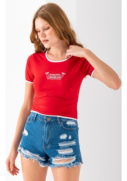 Kadın U Yaka Romantic Nakışlı T-Shirt Kırmızı - 925054 fırsatları