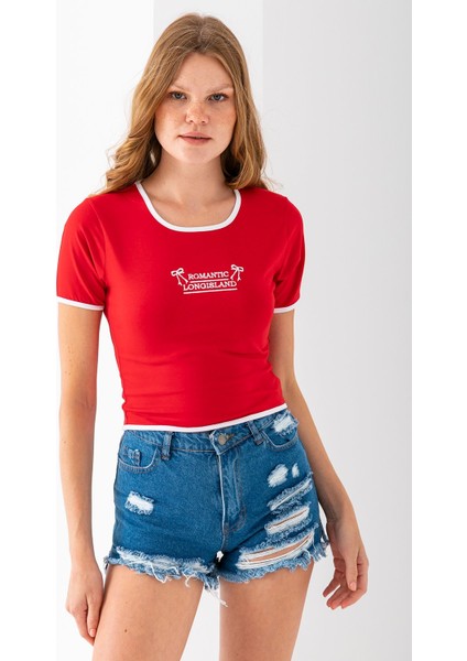 Kadın U Yaka Romantic Nakışlı T-Shirt Kırmızı - 925054 indirimleri