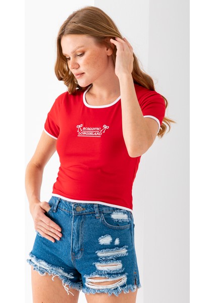 Kadın U Yaka Romantic Nakışlı T-Shirt Kırmızı - 925054