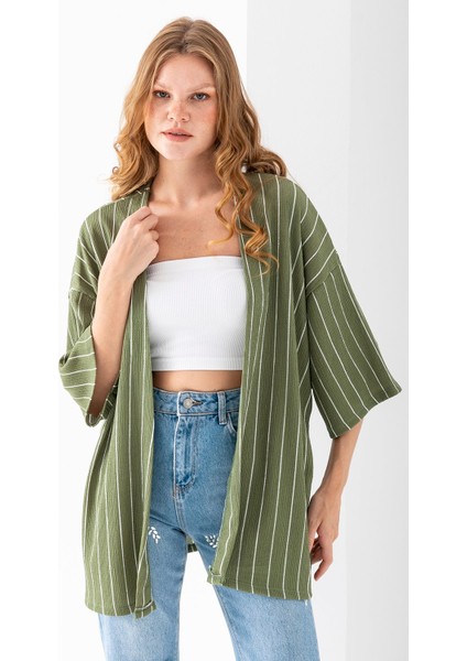 Kadın Yarım Kol Çizgili Bürümcük Kimono Açık Yeşil - 254406 fiyatları