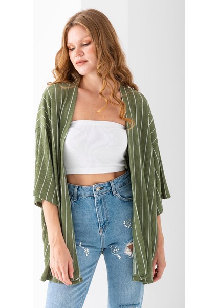 Kadın Yarım Kol Çizgili Bürümcük Kimono Açık Yeşil - 254406 modelleri