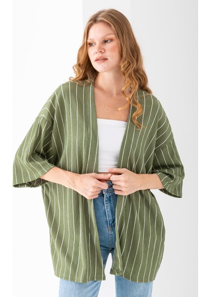 Kadın Yarım Kol Çizgili Bürümcük Kimono Açık Yeşil - 254406