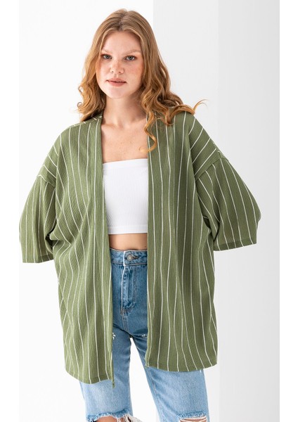 Kadın Yarım Kol Çizgili Bürümcük Kimono Açık Yeşil - 254406