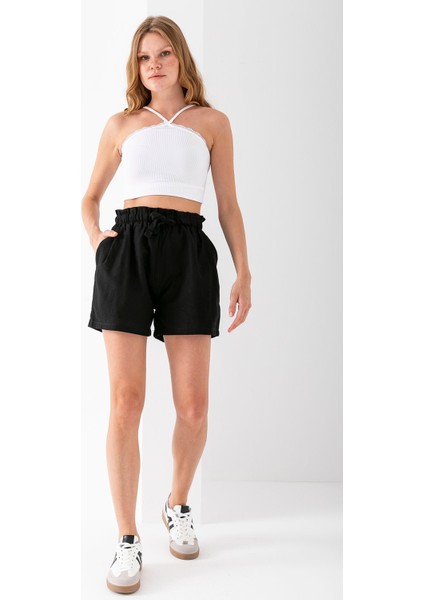 Kadın Beli Lastikli Pileli Pamuklu Şort Siyah - 925094